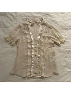 Axes Femme Cream Lace Ruffle Blouse Pearl Button Gothic Mori Kei M Japan